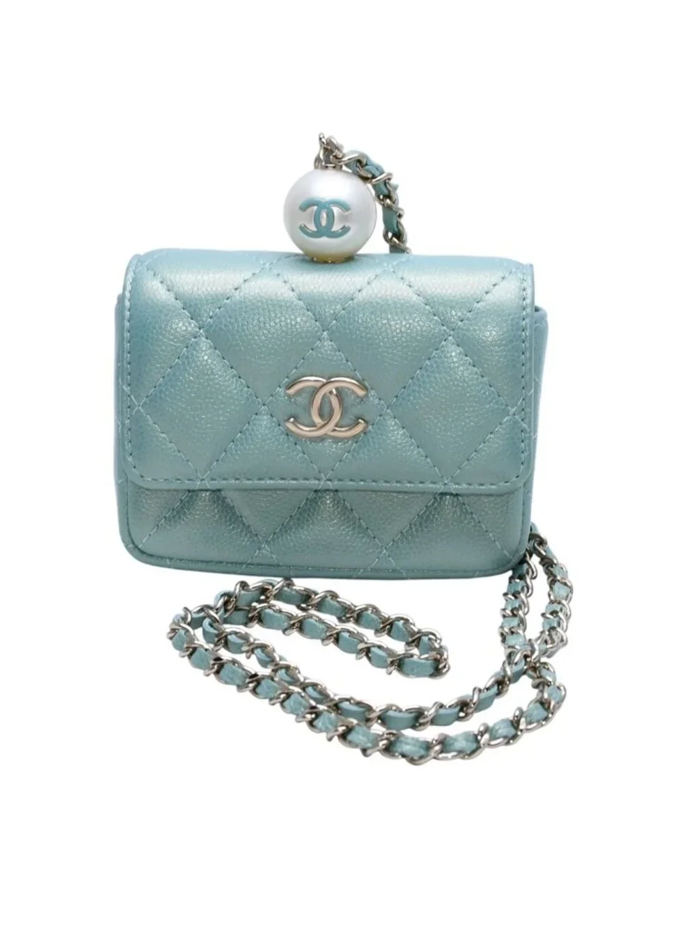 Chanel Quilted Chain Flap Coin Purse CC Logo Caviar Leather